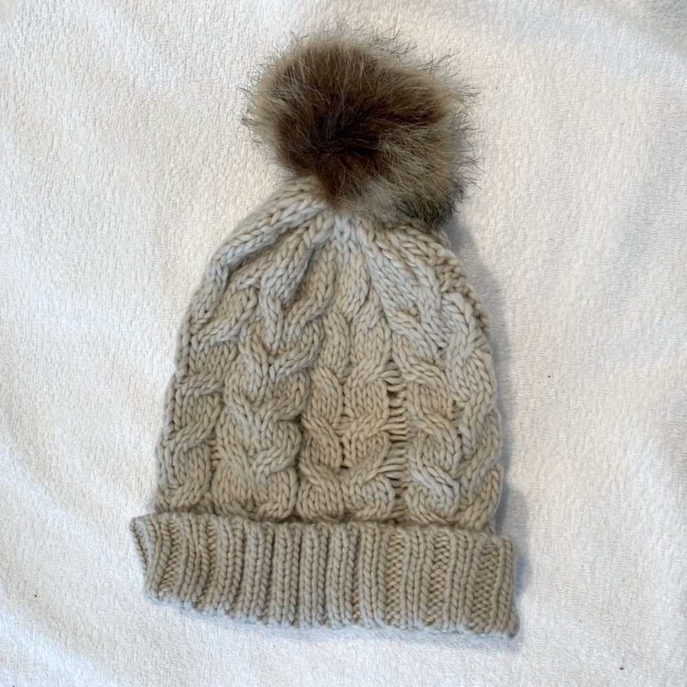 Tan Pom Pom Knit Hat